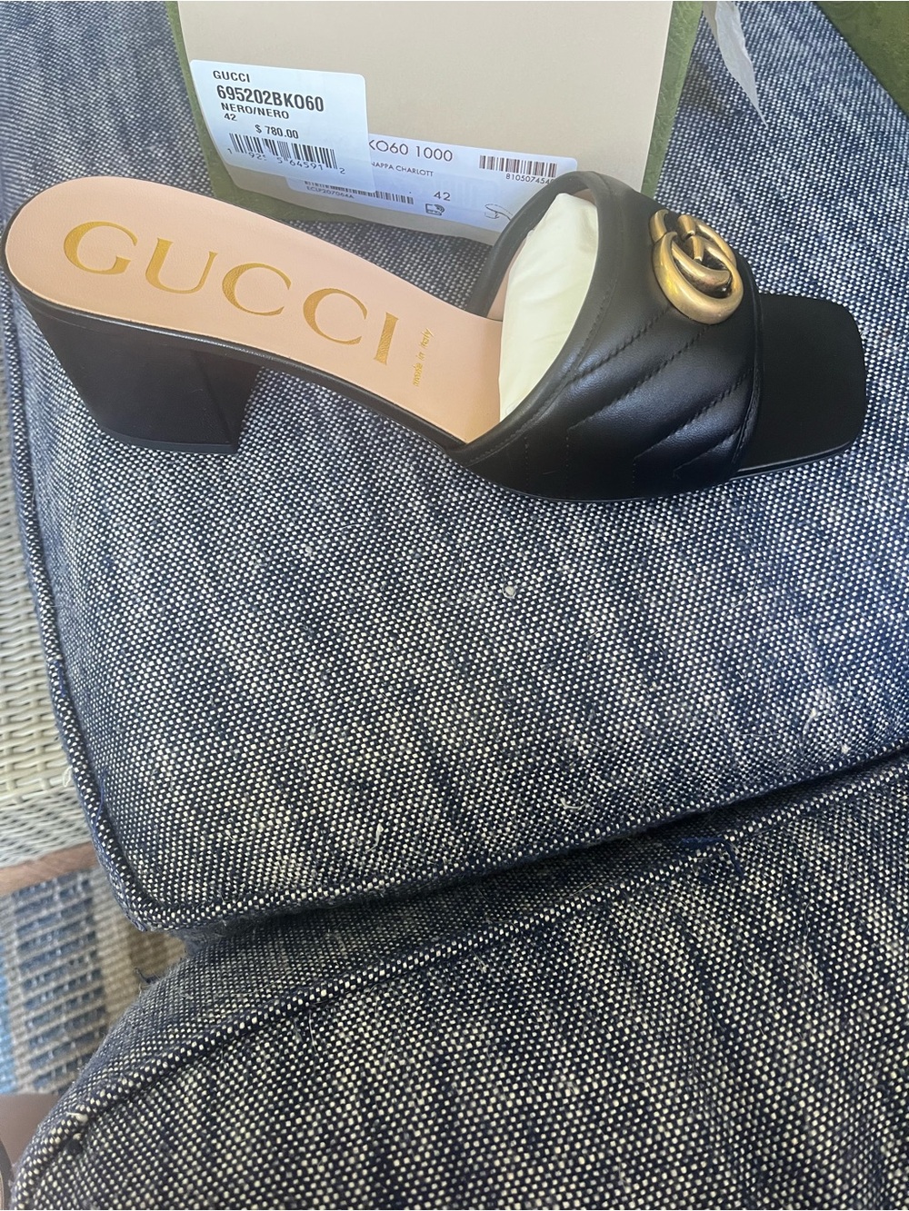 Gucci Napa Black Slides with gold logo and Cream Box with Label and receipt NWT - Picture 2 of 3